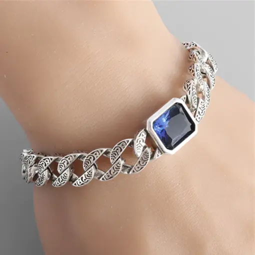 C212 Stylish Silver Chain Bracelet with Blue Crystal For Men & Women - Image 3