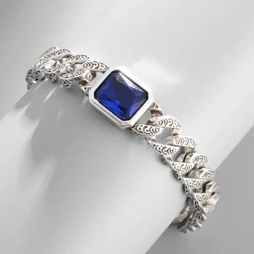 C212 Stylish Silver Chain Bracelet with Blue Crystal For Men & Women