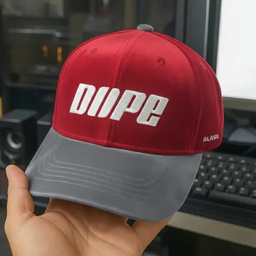 CP1240 Red & Grey Premium Baseball Cap with DUPE Text Embroidery - Image 5