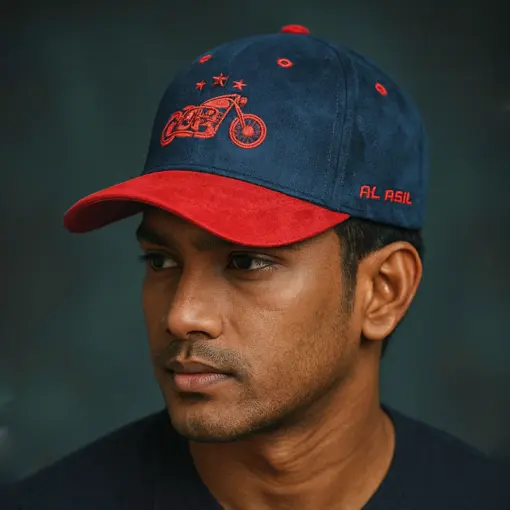 CP1241 Blue & Red Baseball Cap with Vintage Motorcycle Embroidery - Image 5