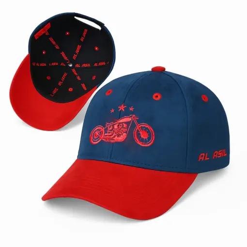 CP1241 Blue & Red Baseball Cap with Vintage Motorcycle Embroidery - Image 2