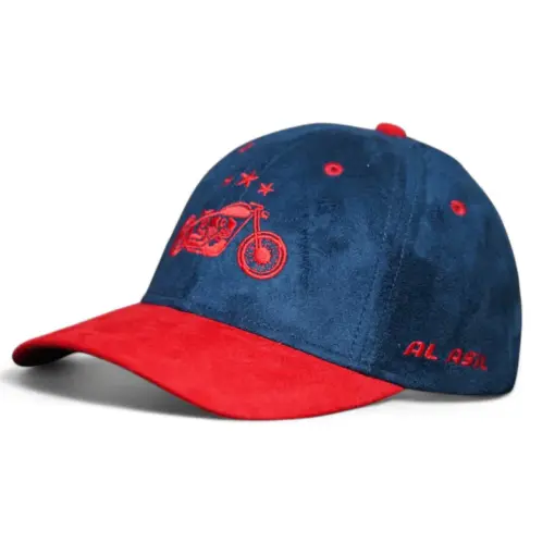 CP1241 Blue & Red Baseball Cap with Vintage Motorcycle Embroidery - Image 6
