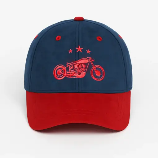 CP1241 Blue & Red Baseball Cap with Vintage Motorcycle Embroidery - Image 3