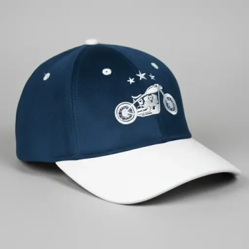 CP1243 Blue & White Baseball Cap with Vintage Motorcycle Embroidery - Image 7