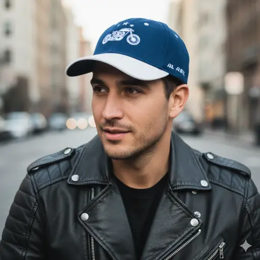 CP1243 Blue & White Baseball Cap with Vintage Motorcycle Embroidery - Image 5