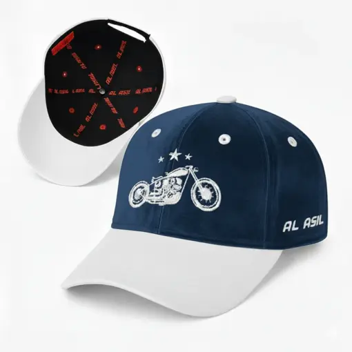 CP1243 Blue & White Baseball Cap with Vintage Motorcycle Embroidery