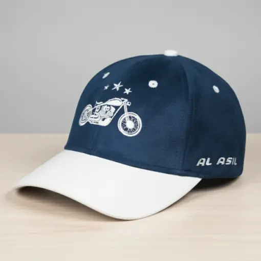 CP1243 Blue & White Baseball Cap with Vintage Motorcycle Embroidery - Image 4