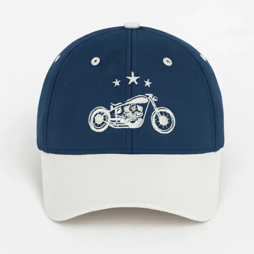CP1243 Blue & White Baseball Cap with Vintage Motorcycle Embroidery - Image 2