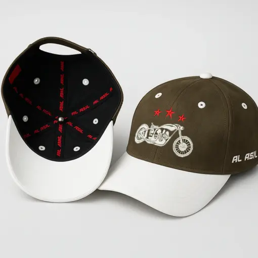 CP1244 Olive & White Baseball Cap with Vintage Motorcycle Embroidery - Image 4
