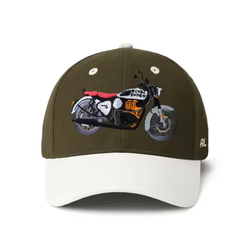 CP1245 Olive & White Baseball Cap with Colorful Motorcycle Embroidery - Image 5