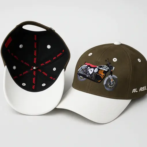 CP1245 Olive & White Baseball Cap with Colorful Motorcycle Embroidery - Image 3