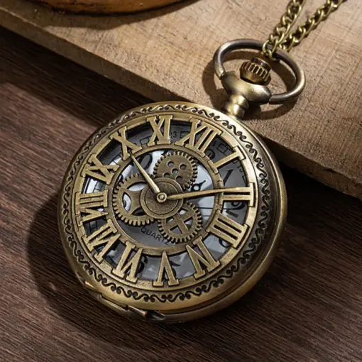 K1103 Vintage Roman Numeral Steampunk Pocket Watch with Chain - Image 2