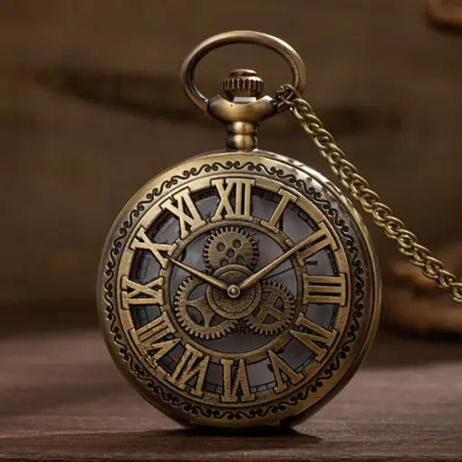 K1103 Vintage Roman Numeral Steampunk Pocket Watch with Chain - Image 5