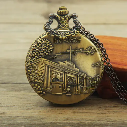 K1104 Vintage Nanjing Presidential Palace Engraved Bronze Pocket Watch - Image 6