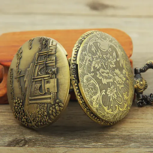 K1104 Vintage Nanjing Presidential Palace Engraved Bronze Pocket Watch - Image 4