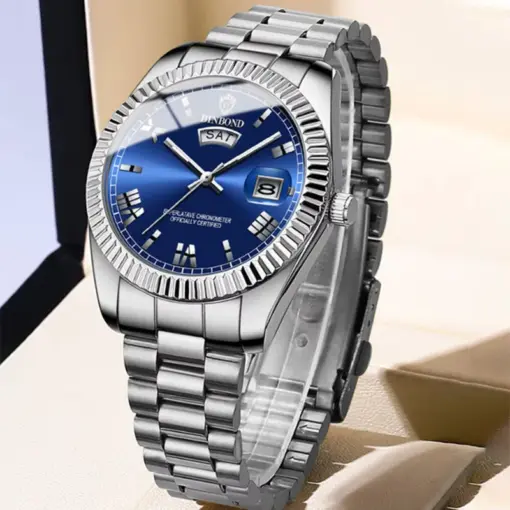 BN1007 BINBOND B7033 Men’s Silver Blue Steel Watch - Image 3
