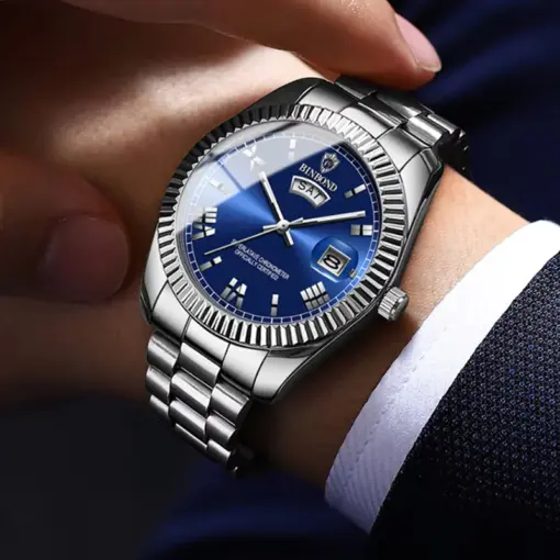 BN1007 BINBOND B7033 Men’s Silver Blue Steel Watch - Image 4