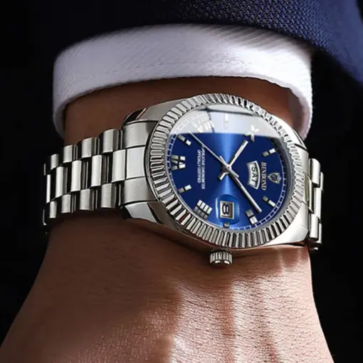 BN1007 BINBOND B7033 Men’s Silver Blue Steel Watch - Image 2