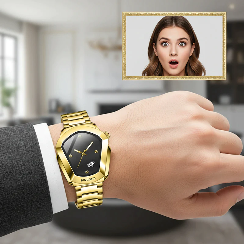 BN1003 BINBOND B760 Luxury Gold Black Edition Men's Quartz Watch - Image 3