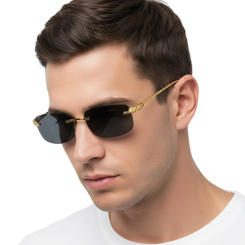 A875 Gold Frame Black Lens Rimless Luxury Trend Edition Sunglasses - Image 2