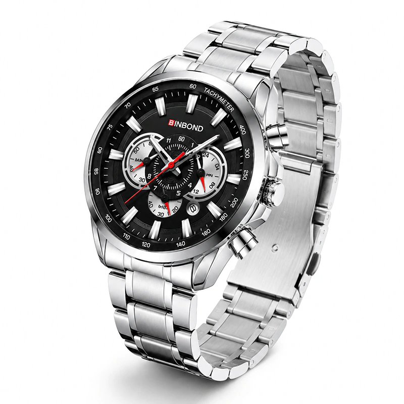 BN1030 BINBOND Luxury Silver Black Stainless Steel Men’s Watch - Image 4