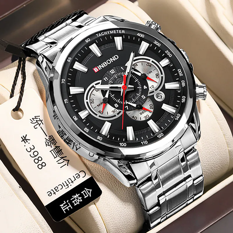 BN1030 BINBOND Luxury Silver Black Stainless Steel Men’s Watch - Image 2