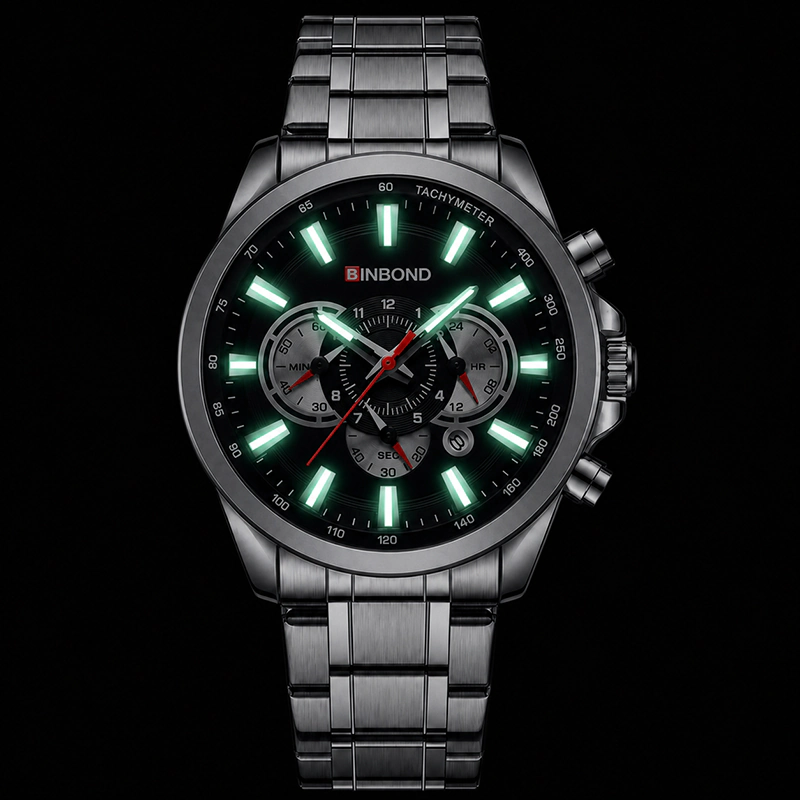 BN1030 BINBOND Luxury Silver Black Stainless Steel Men’s Watch - Image 6