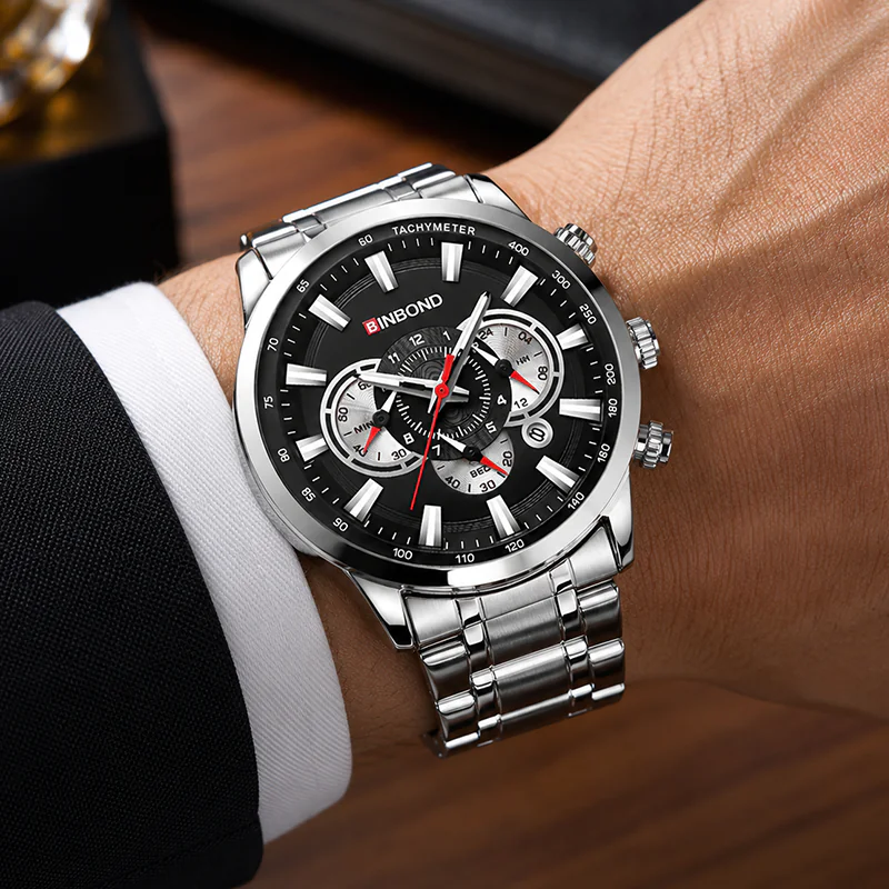 BN1030 BINBOND Luxury Silver Black Stainless Steel Men’s Watch - Image 3