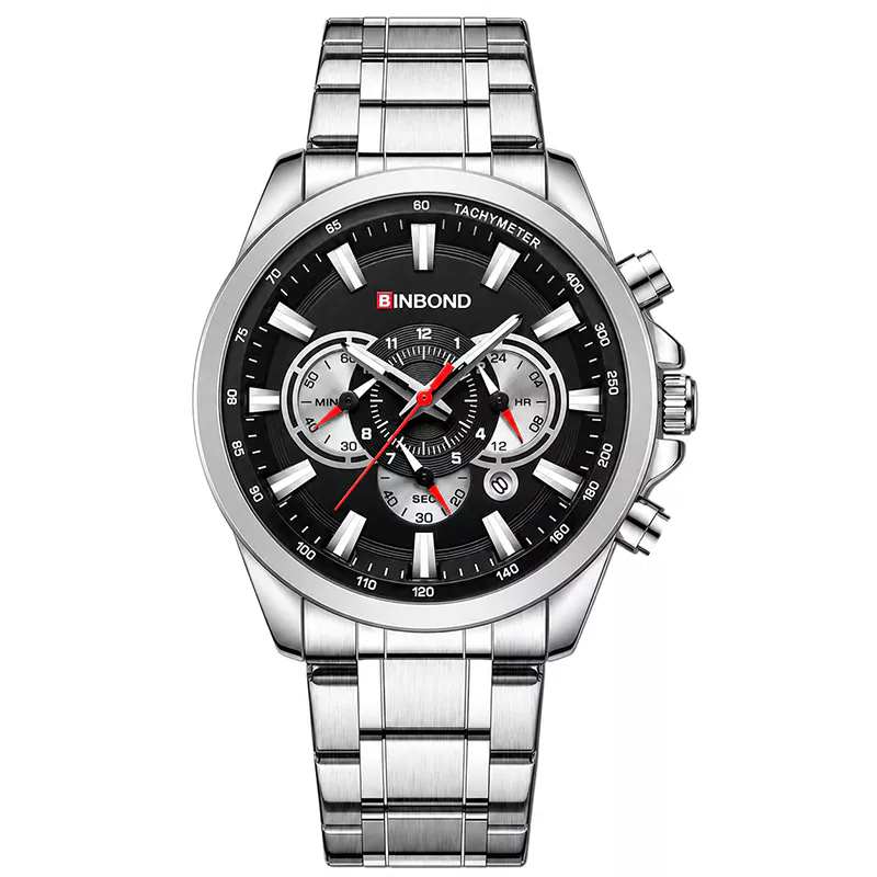 BN1030 BINBOND Luxury Silver Black Stainless Steel Men’s Watch - Image 5