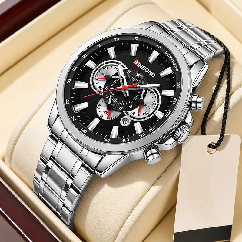 BN1030 BINBOND Luxury Silver Black Stainless Steel Men’s Watch