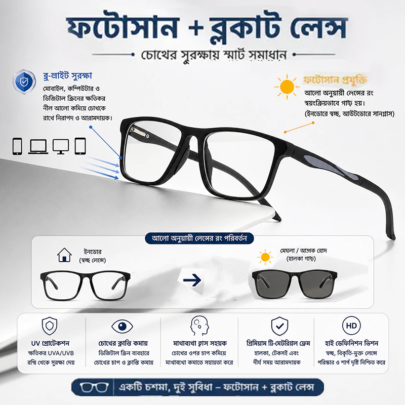 A946 Flexible Frame Photosun & Blue-cut Glasses