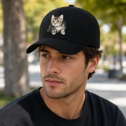 CP1351 Premium Cat Print Black Baseball Cap - Image 2