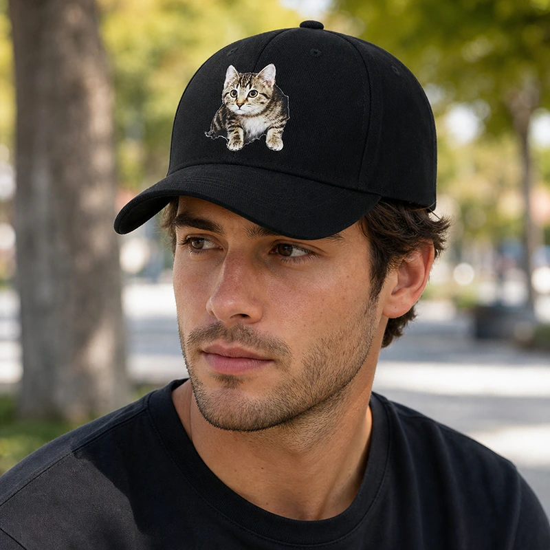 CP1351 Premium Cat Print Black Baseball Cap - Image 2