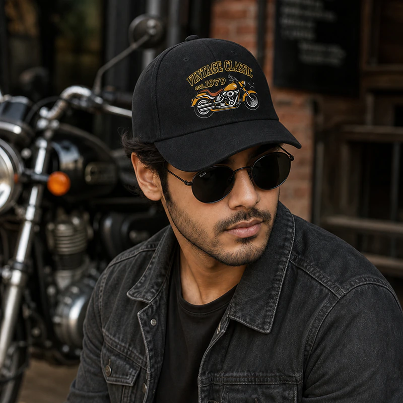 CP1353 Retro Motorbike Logo Black Baseball Cap - Image 2